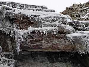 Near Khardung La Pass Summit a frozen waterfall makes a pretty sight 