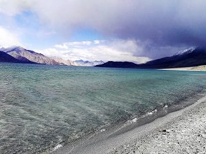 Pangong Lake shore with aqua and varying colours 