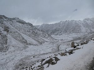 The view down the valley from Chang La Pass after snow