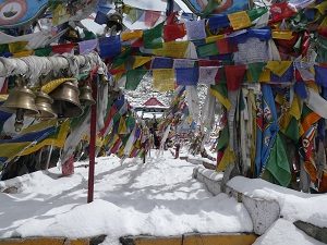 Snowy path with lots of prayer flags