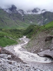 The river Pushpawati in the Valley of Flowers and the misty mountains, Valley of Flowers, India, 2006