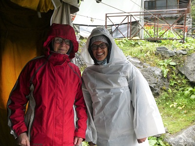 Shona and Shoba ready to head down the hill in the rain - from VOF camp to Gangaria, Himalayas, India