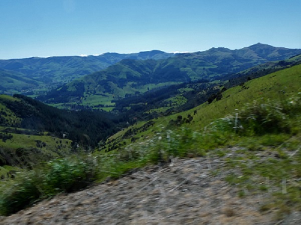 Banks Peninsula hills and little river below from the tops, Canterbury NZ