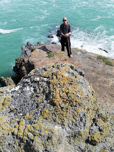 Swriling seas below the cliffs at Boaz Rock Stack, Banks Peninsula, Canterbury, NZ