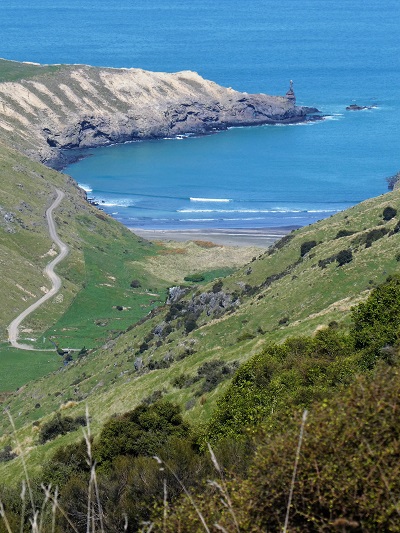 The bay the road the Boaz rock stack, Banks Peninsula, Canterbury, NZ