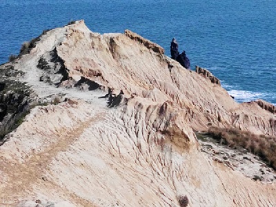 The narrow track, with Boaz Rock Stack's black tip showing at the end, Banks Peninsula, Canterbury, NZ