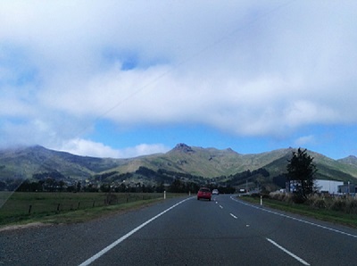 Driving towards the Port Hills and Banks Peninsula, Canterbury NZ