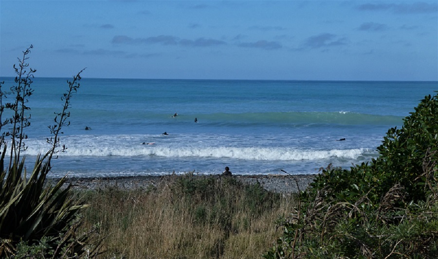 Surfers on the coast north of Kaikoura