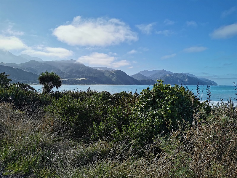 The Kaikoura Ranges and coastline where surfers enjoy the waves and the mountains are shrouded in mist