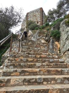 Manfred on the steep steps up to the Castillo de Monfragüe