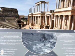 Roman theatre and information boards showing what the area was like in 1910, Mérida