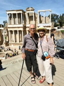 Teresa & Manfred at the Roman Theatre, with the columns behind, Mérida