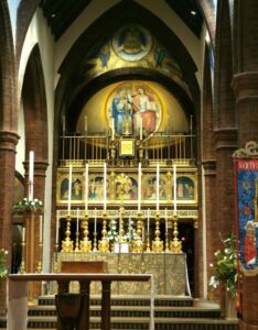 An up close of the alter in the Shrine of Mary