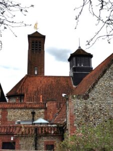 The steeple of the Church of the Shrine of Mary