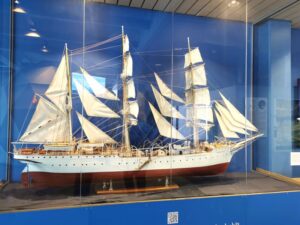 A model of the 'One Ocean' vessel with it's sails up at Bergen Aquarium