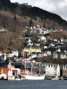 A view up towards Mt Fløyen from the harbour