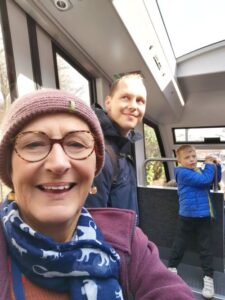 In the Fløibanen funicular railway with Tor going up the mountain