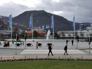 Mt Ulriken above the lake and fountain in central Bergen