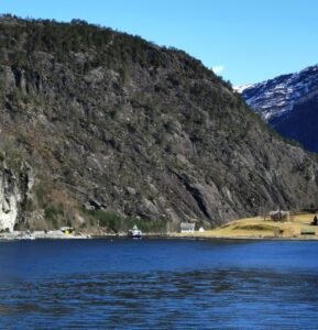 One of the fjord cruise boats coming out of the Mostraumen canal