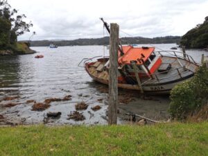 An Iconic boat in Leask Bay at low tide
