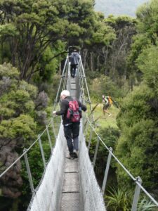 The swing bridge over to the Freshwater hut and a tramper going to the boat