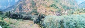 From the hotel at Sayana Chatti a panoramic view across the river up and down the vally that the traffic all travels to get to Yamunotri
