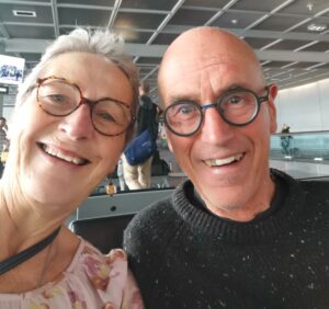 At an airport on the journey