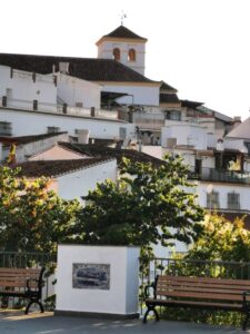From the terrace in Iznate looking up to the church on the hill