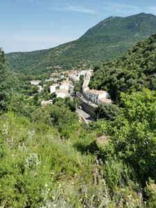 Benamahoma curving around the hillside as seen from the El Molino del Susto track