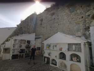Interesting light shining down on the cemetery at 'Iglesia del Salvador' (El Salvador Church), Villaluenga del Rosario