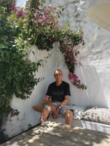 Manfred resting in the shade on the patio at 'Mountain Guest House', Casa De Los Cuadros, Villaluenga del Rosario
