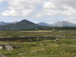 Bogland, farmland and mountains in Galway towards Roundstone