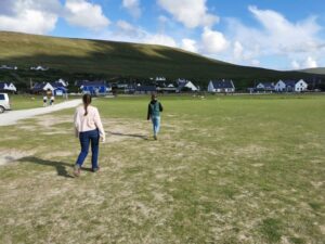 Francesca and Matilda walking back to the the Achill Seas Caves camping ground on Achill Island