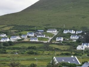 Sheep above the white houses on the lower slopes of Slievemore, Achill Island