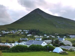 The view from our campervan park over the Achill Seal Caves camping ground to Slievemore