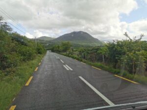 Through the campervan window and the wet road close to Kylemore Abbey