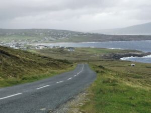 Looking back down the road to Keel from the hill to Keem Beach