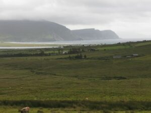 Lough Keel, Keel village and beach and the cliffs of Minaun Heights