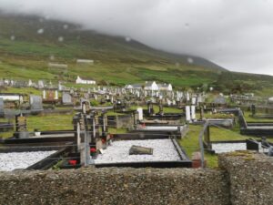 The large well maintained cemetery at the Deserted Village, Achill Island