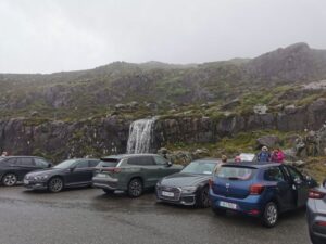 There is a large carpark at the Conor Pass waterfall and Lough Doon roadside