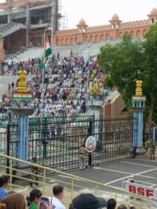 From our seats on the Indian side looking through the gates towards the Pakistani gathering crowd