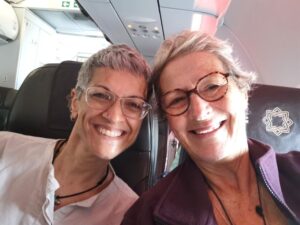 Shoba and Teresa on the flight to Amritsar