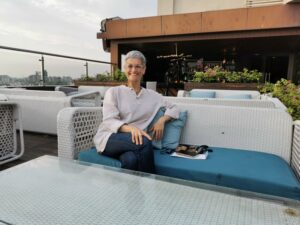 Shoba enjoying the roof top bar and restaurant in Amristar