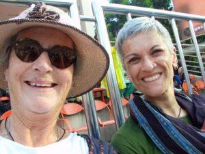 Teresa and Shoba sitting in the stands waiting for the 'Beating retreat' to begin