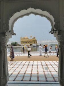 The Golden Temple seen from a veranda and through an archway at Sri Harmandir Sahib, Golden Temple