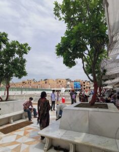 The Golden Temple shoe drop area looking towards the Prachin Shri Shani Dev Ji Mandir, Historic Hindu Temple built in 1761