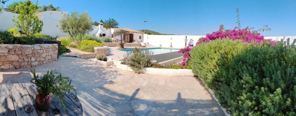 Panorama of our backyard and pool accommodation at La Casa del Aljibe