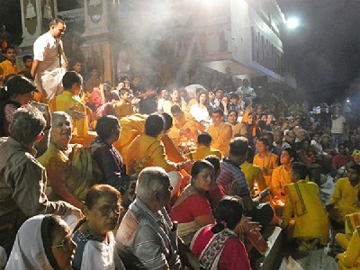 Evening Aarti on the ganges in front of Parmath Niketan Ashram