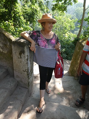 Phyllis on the steps near Vasuvistha Gufa Cave