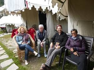 The four trekkers resting at the base camp Gangaria, Valley of Flowers, Himalayan India